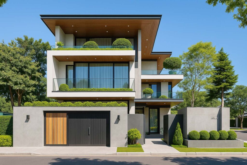 Biệt thự ba tầng hiện đại, kính lớn và cây xanh.