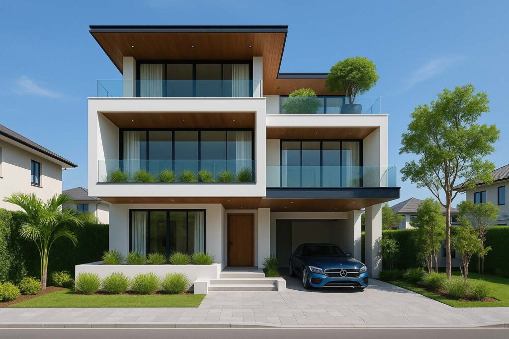 Biệt thự ba tầng hiện đại, kính lớn, ban công cây xanh.