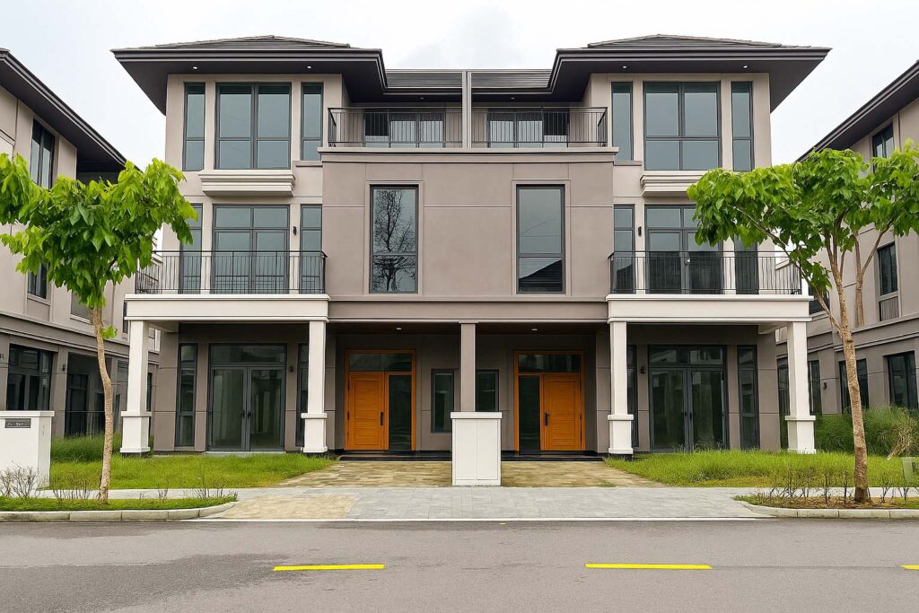 Biệt thự song lập ba tầng hiện đại, cửa gỗ lớn và ban công kính.